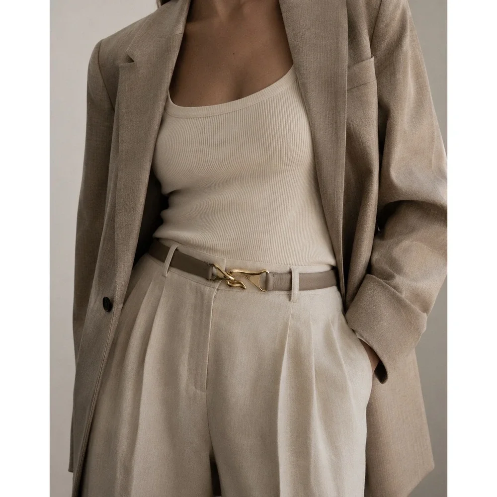 Chicos Taupe Genuine Leather Hook Belt Gold Hardware M/L Minimalist - Picture 1 of 9